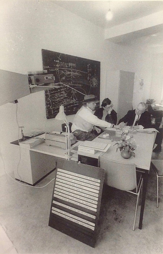 Joseph Beuys, Johannes Stüttgen, and Karl Fastabend in the Office of the Organization for Direct Democracy, Düsseldorf, 1971. Photo courtesy of Bernd Jansen.